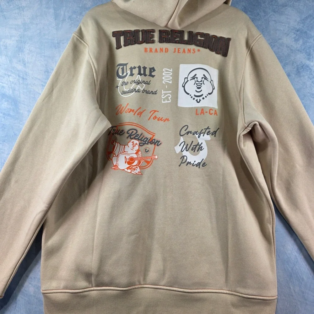True Religion Mens Applique‎ Multi Zip Hoodie Fog Beige Fleece XXL 701228 NEW